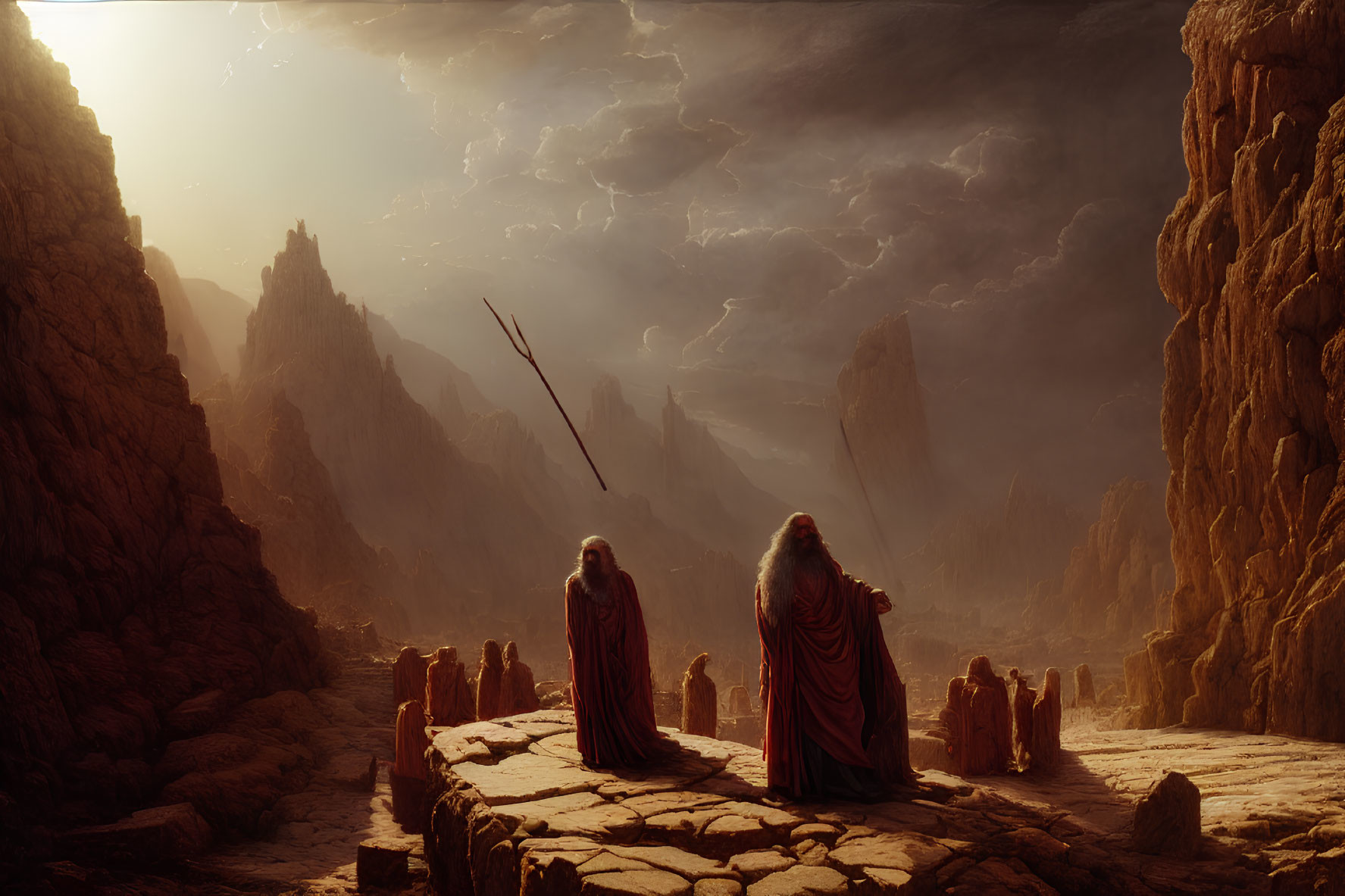 Robed Figures on Rocky Outcrop with Flying Spear