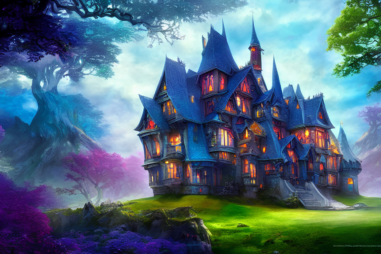 Fantastical Gothic mansion in vibrant enchanted forest