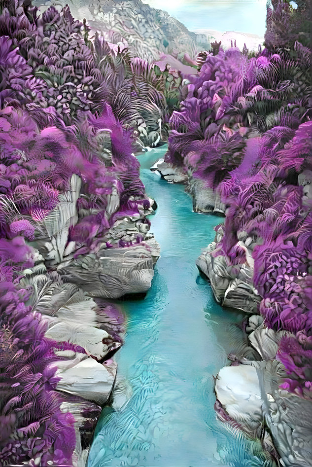 Mountains, River and Purple Trees