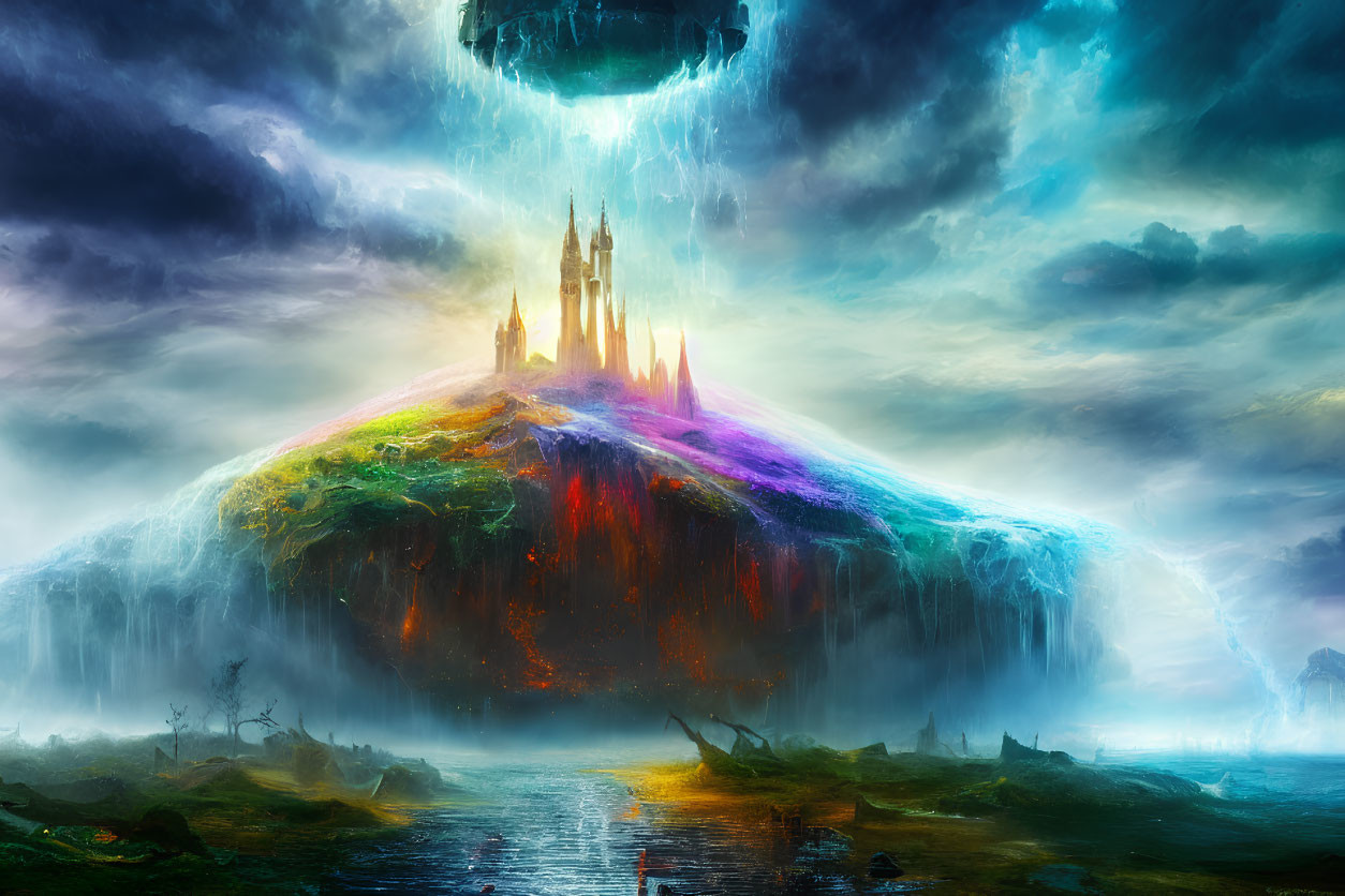 Glowing castle on floating island amidst mystical landscape