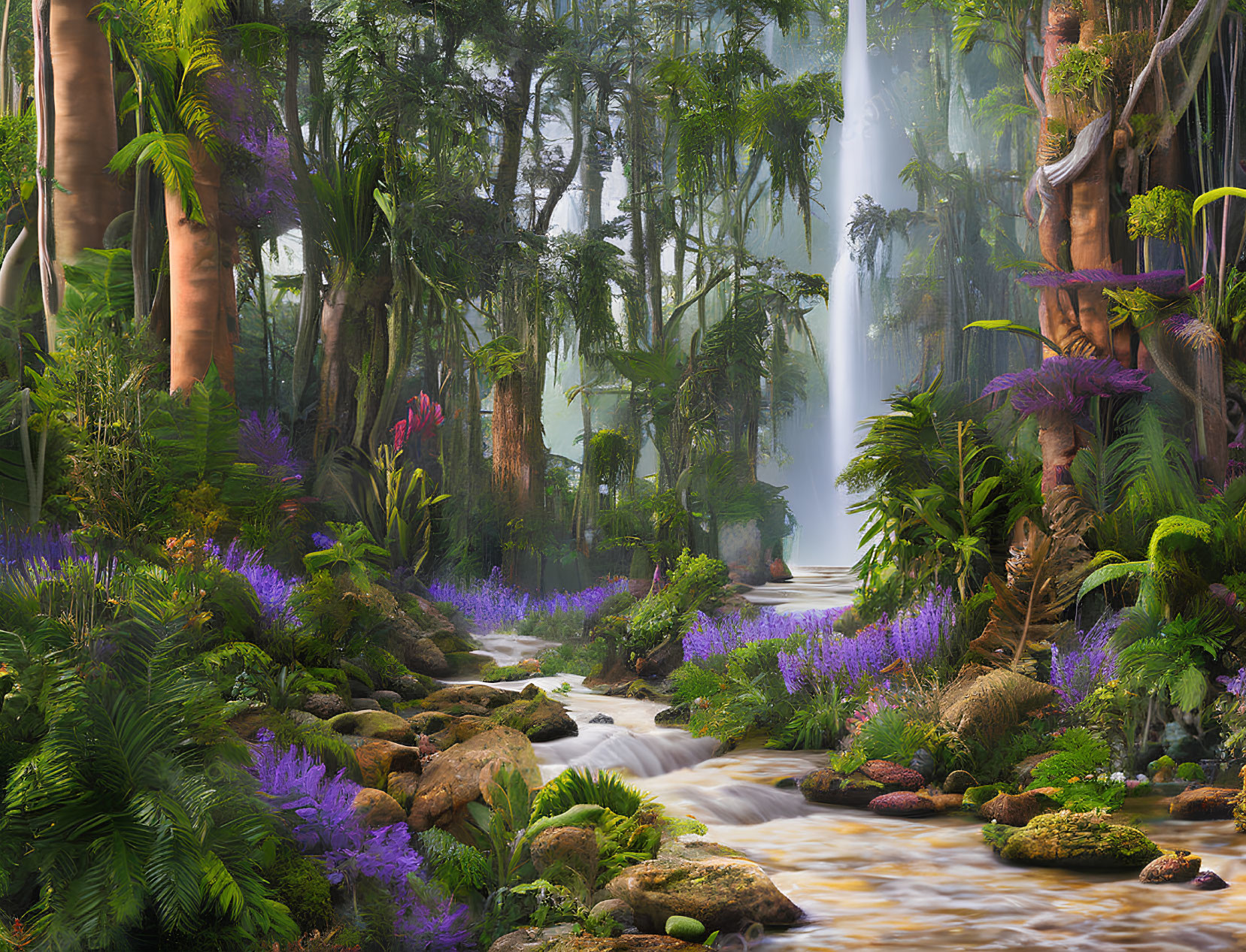 Tranquil forest scene with waterfall, stream, purple flowers, moss-covered rocks, and misty