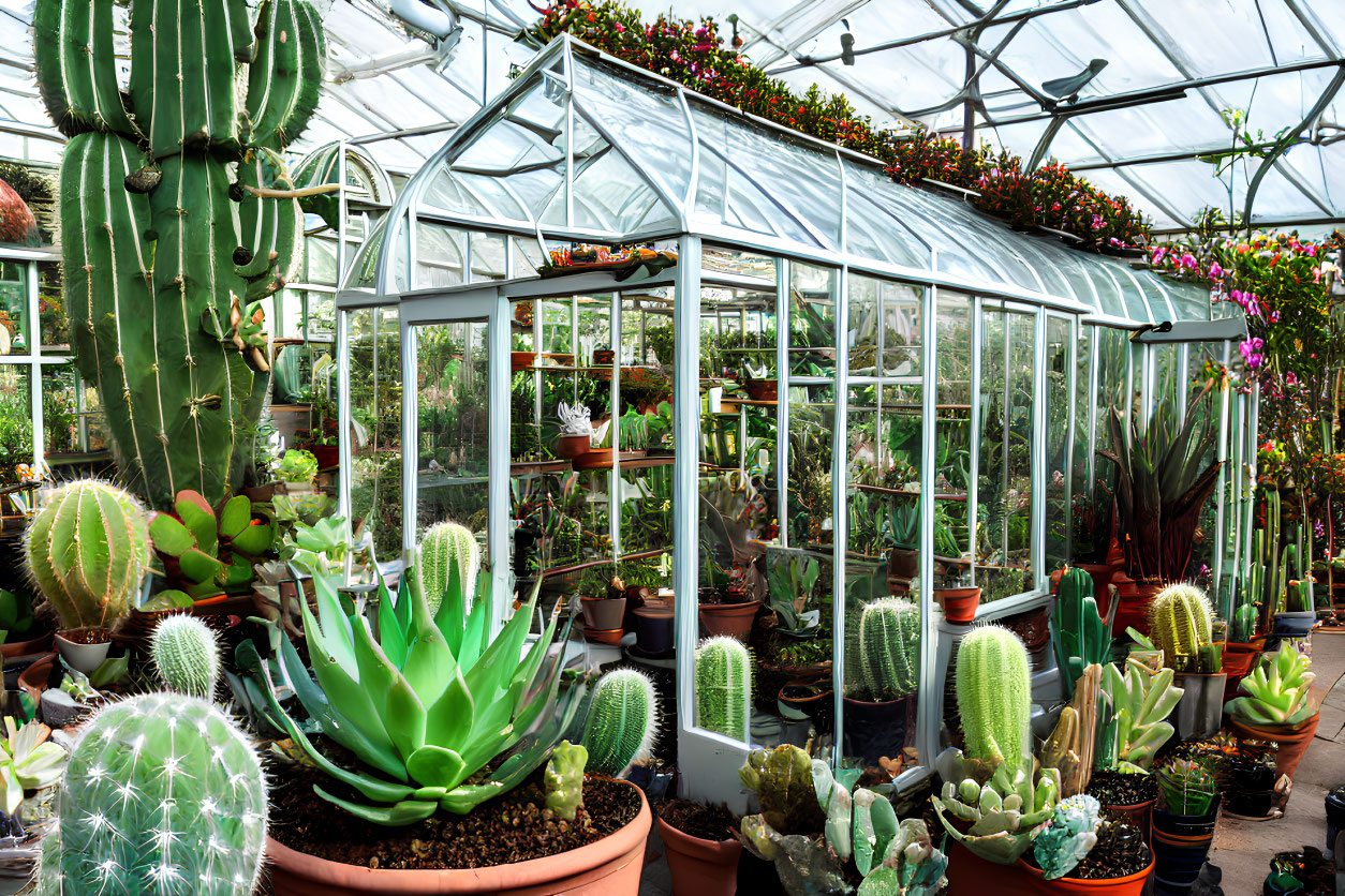 Greenhouse with Cacti, Succulents, and Potted Plants under Translucent Roof