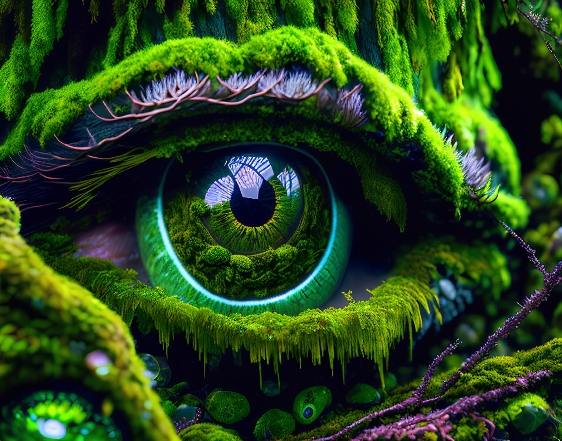 Green-eyed eye emerging from mossy landscape with fern-like eyelashes and lush greenery.