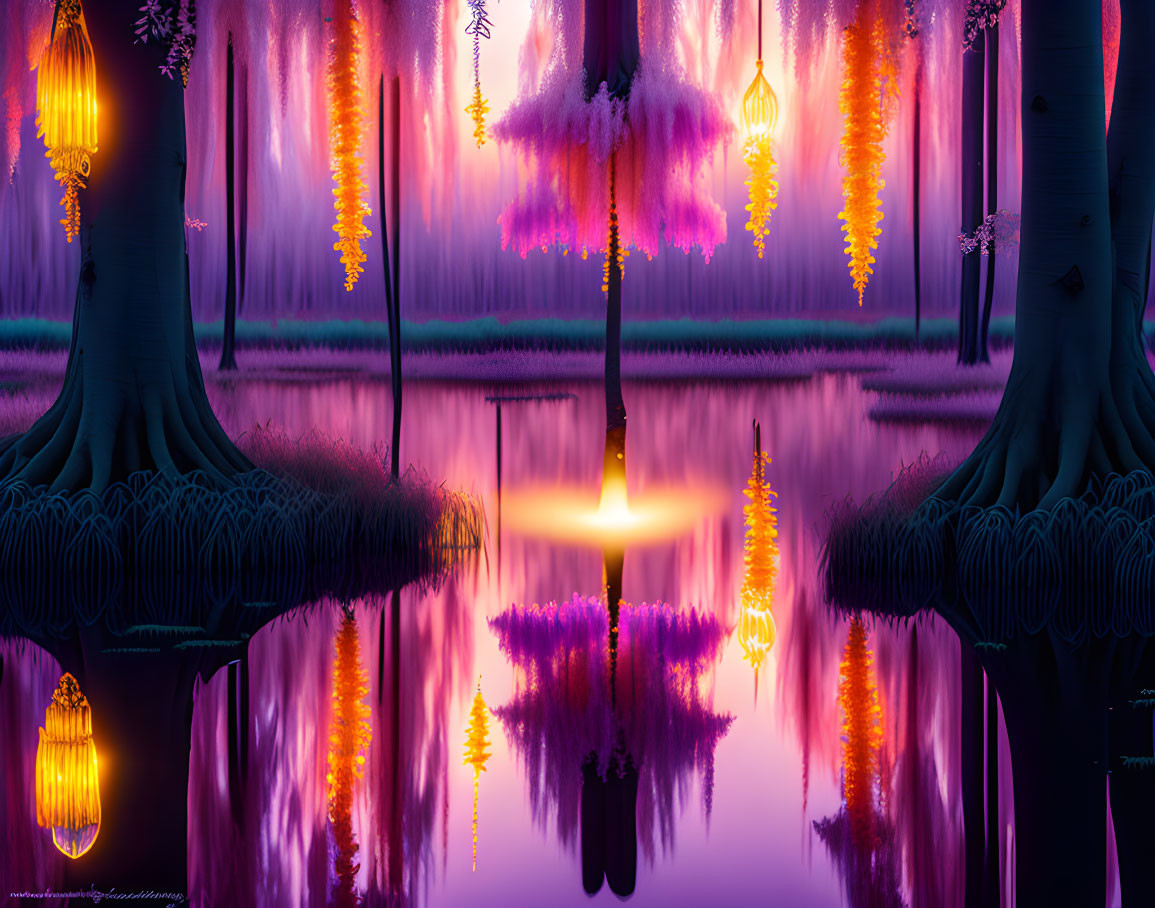 Vibrant surreal landscape with luminous trees and mystical flora reflected in purple water