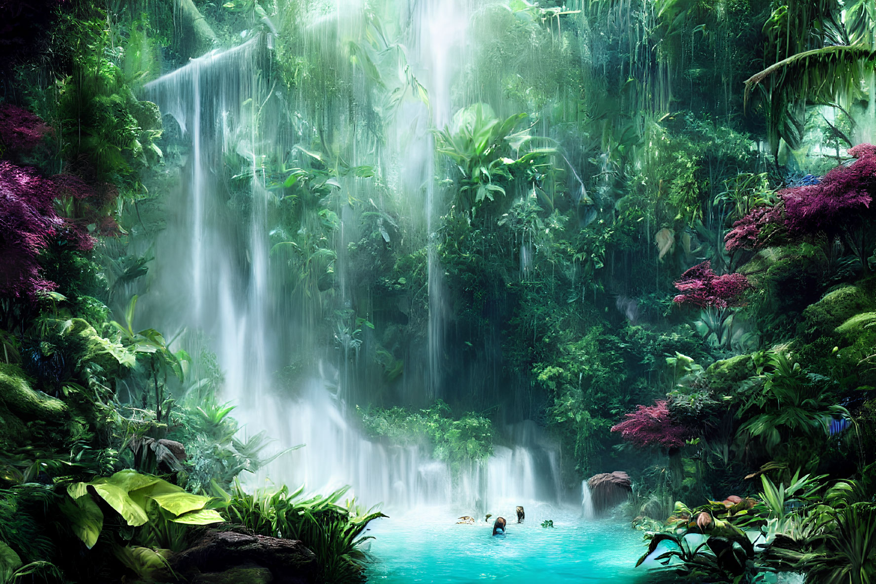 Tropical Waterfall with Blue Pool and Swimmers