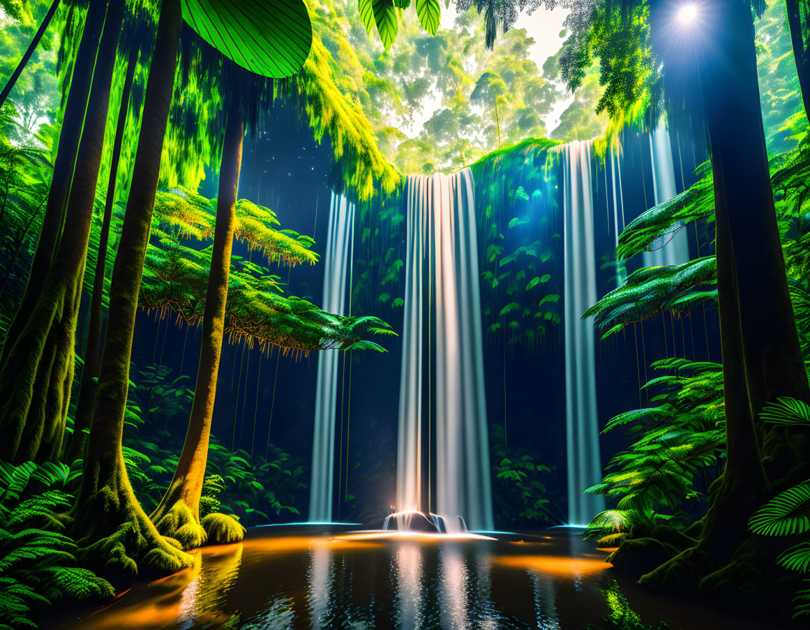 Tranquil waterfall in lush green forest with vibrant ferns