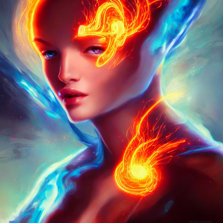 Colorful digital portrait with red and blue swirls accentuating face and cybernetic features