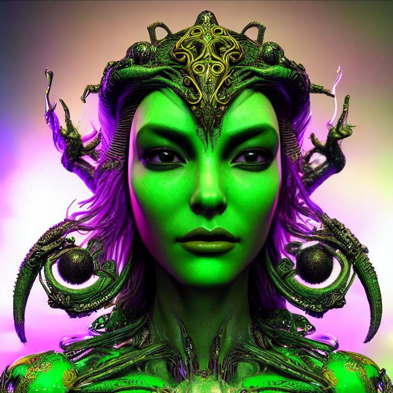 Fantasy character with green skin, golden headpiece, serpent-themed armor