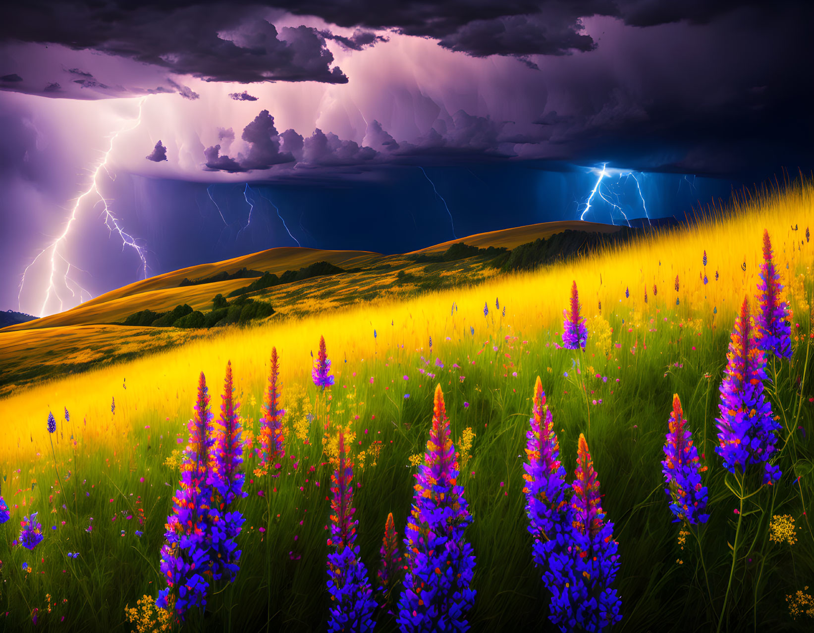 Purple Flowers Field Under Dramatic Sky with Lightning Strikes
