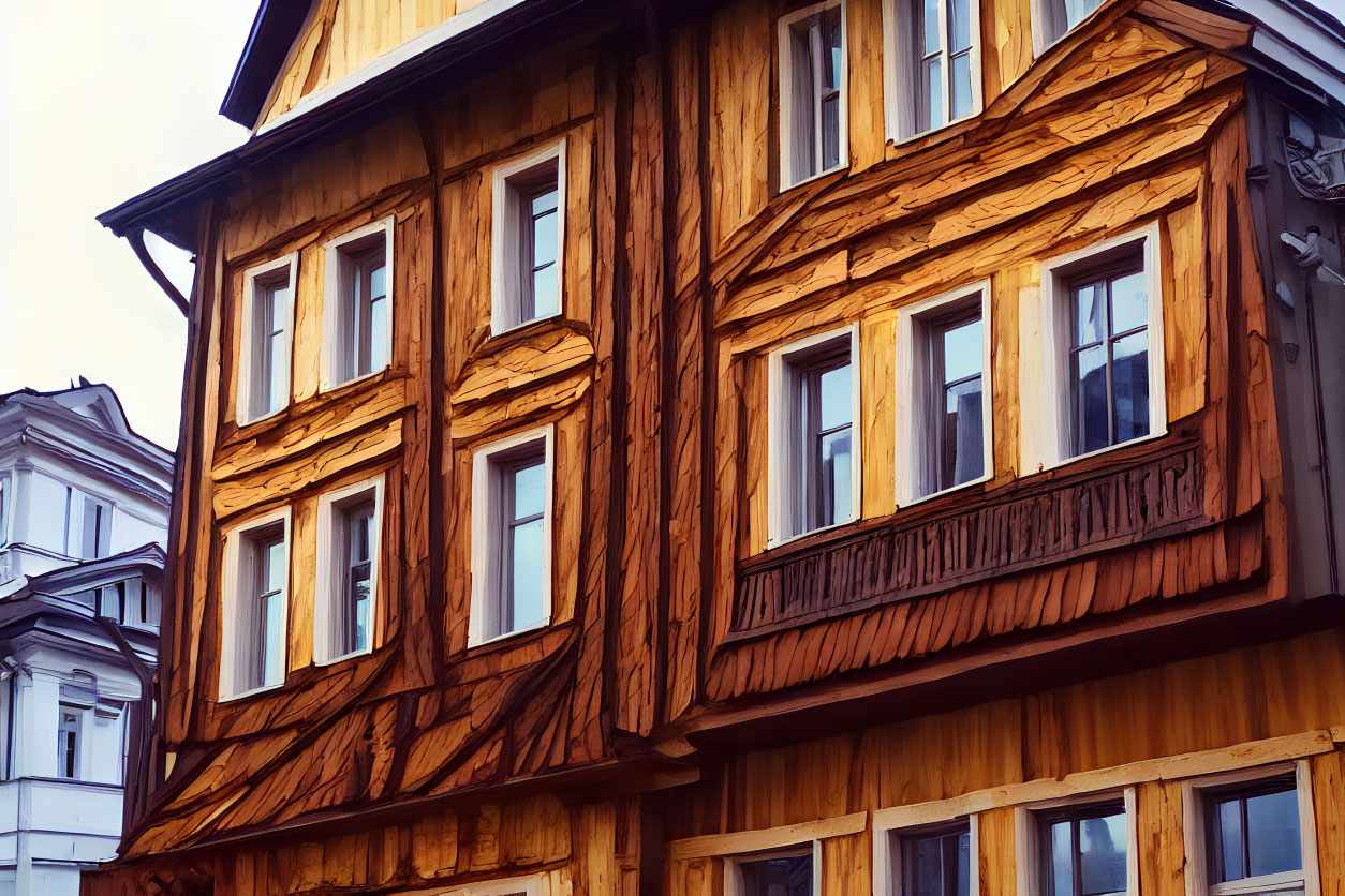 Traditional Wooden House with Warm Tones and Detailed Textures
