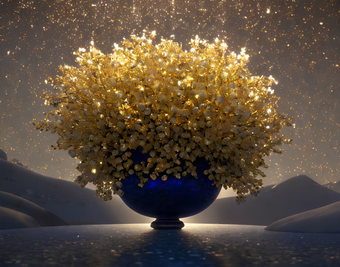 Golden tree in blue vase on snowy hills under starry night