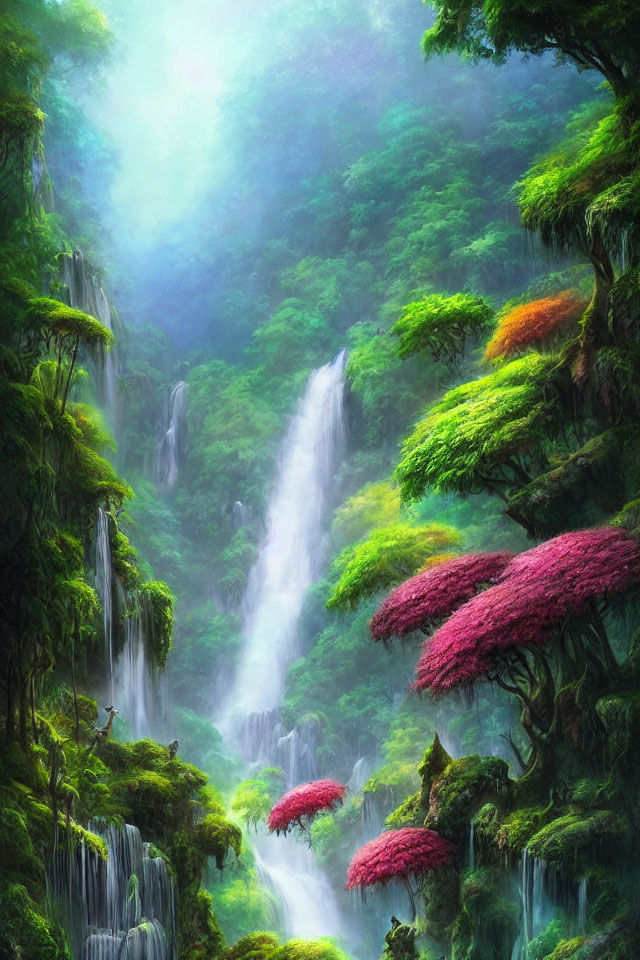 Vibrant pink foliage in lush green forest with cascading waterfalls