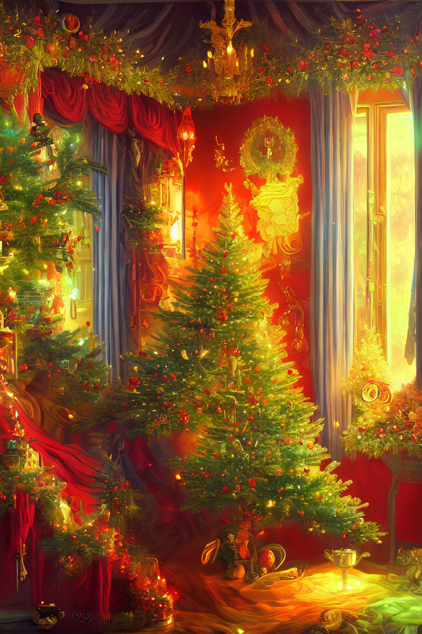 Festive Christmas room with large tree, red drapery, wreaths, and candles
