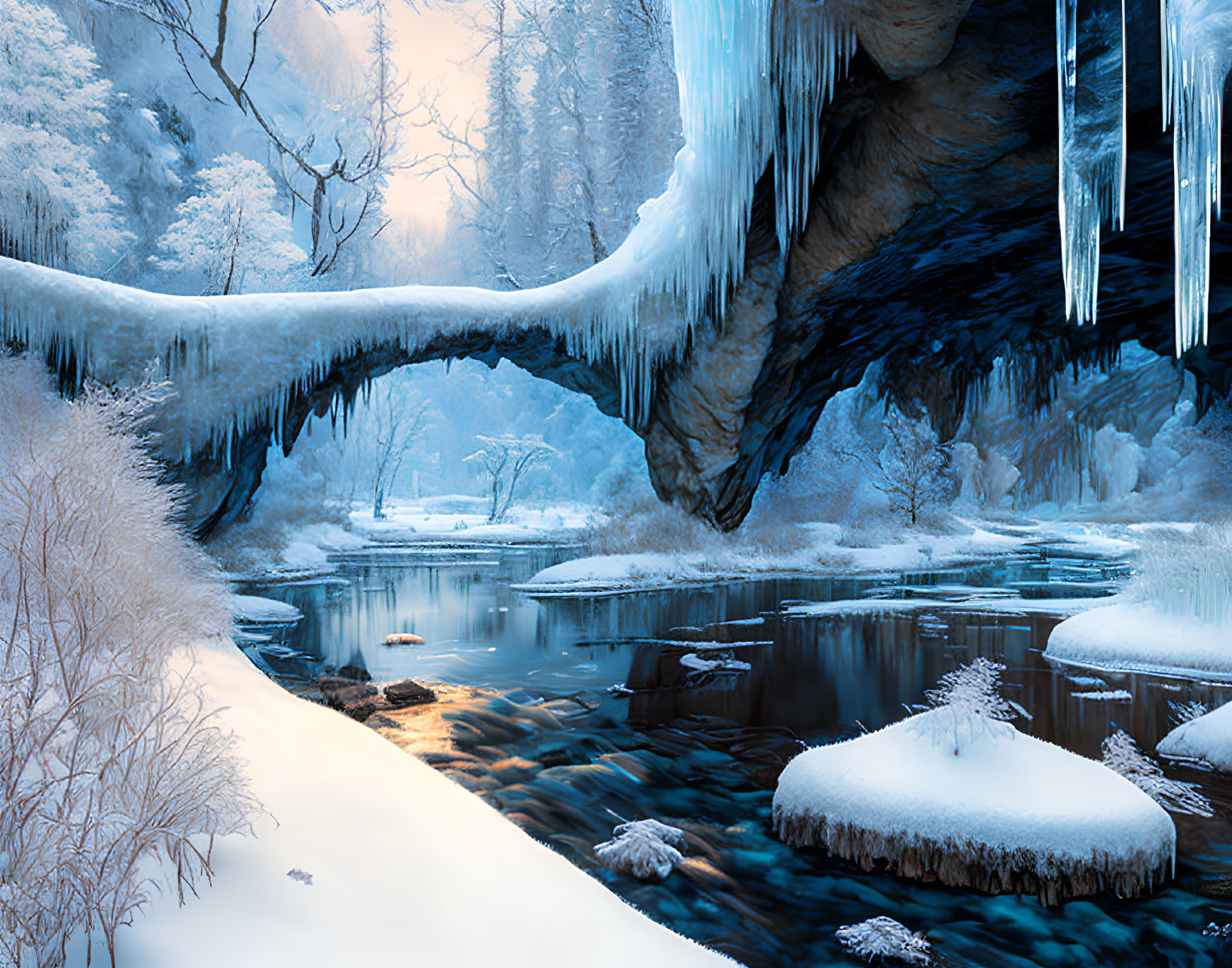 Snow-covered natural bridge over frozen river in serene winter scene