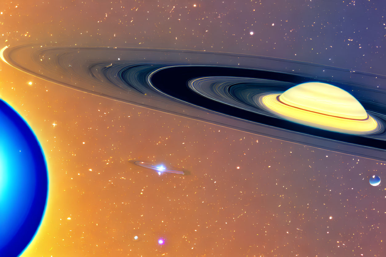 Colorful digital artwork of ringed planet, blue star, comet, and celestial bodies in starry