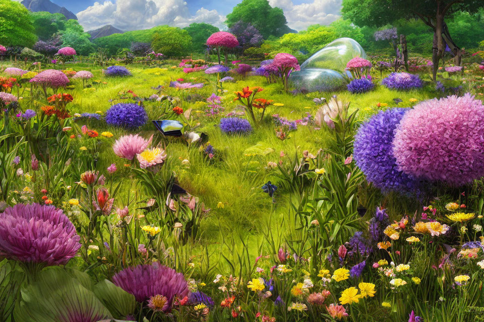Vibrant oversized flowers in lush meadow with crystal structures under sunny sky