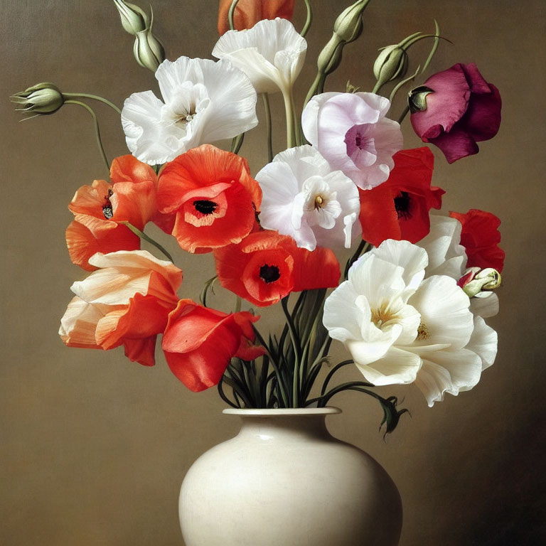 Vibrant multicolored poppies in white vase on brown background