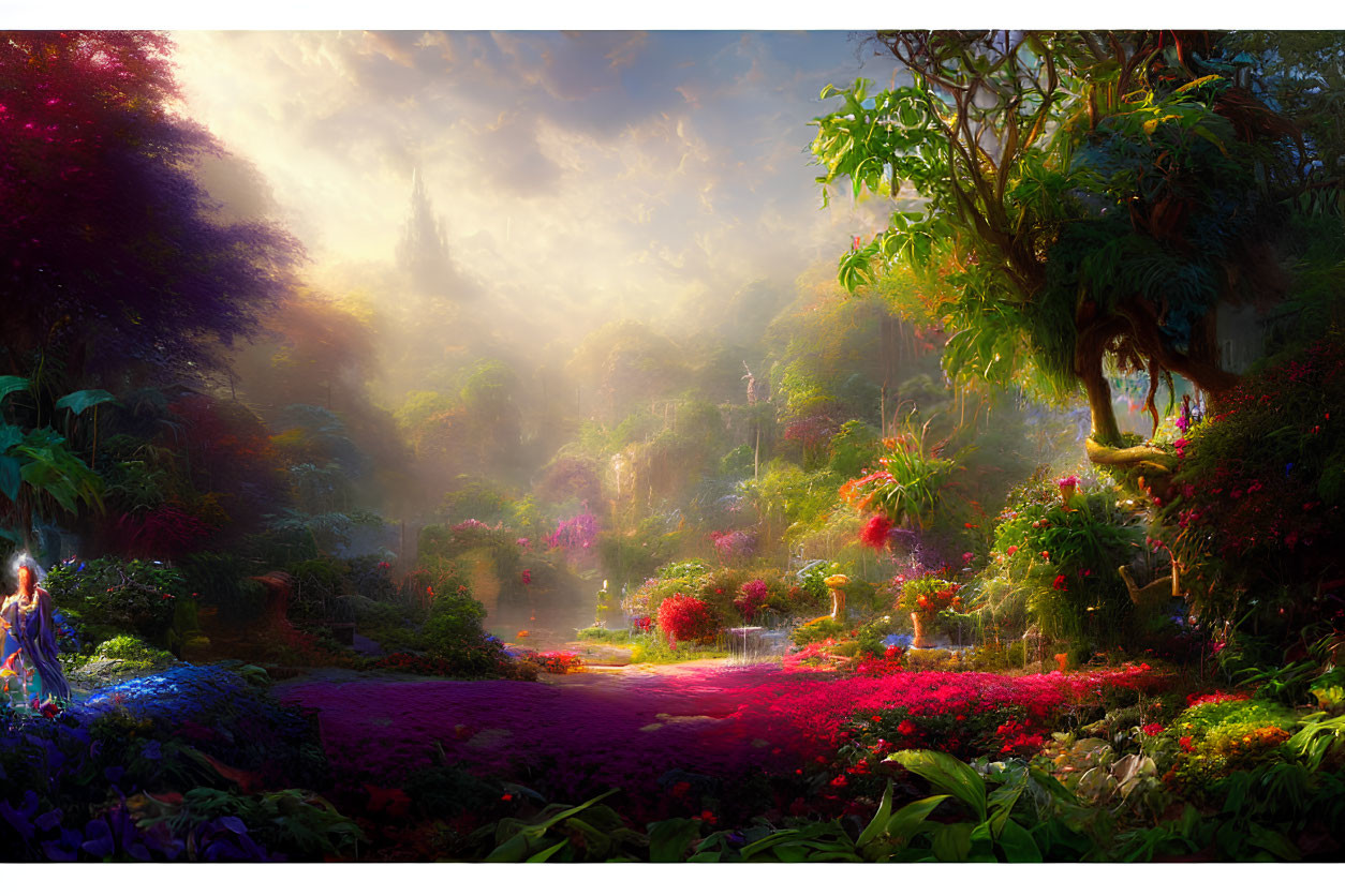 Enchanting garden with vibrant flowers, misty ambiance, sunlight, greenery, distant castle