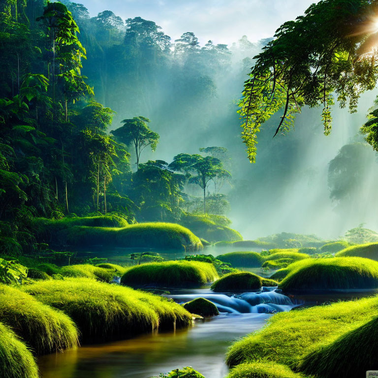 Misty forest with sunlight, serene river, moss-covered rocks