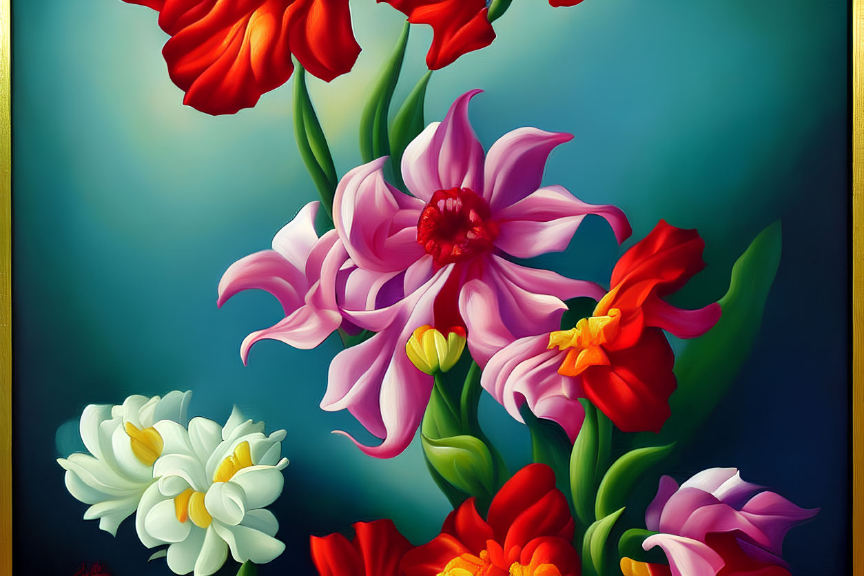Colorful Floral Painting with Pink Lilies and Red Tulips