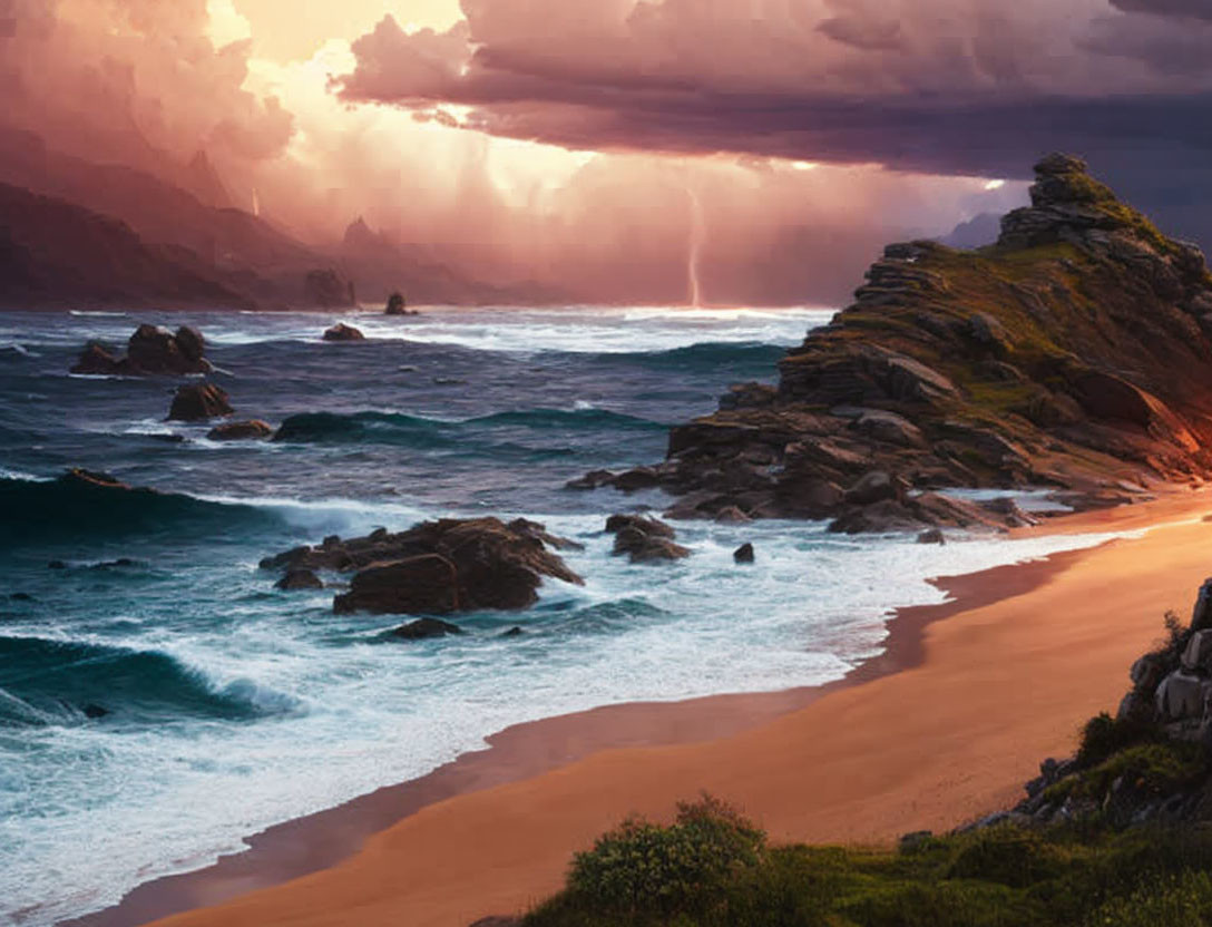 Sunlit Coastal Landscape with Dramatic Storm Clouds and Crashing Waves