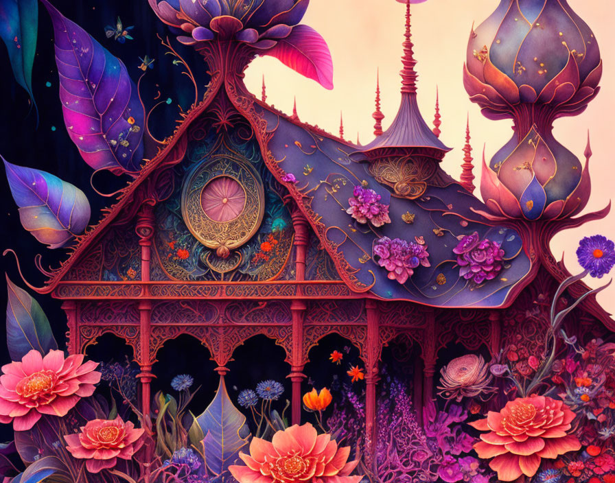 Whimsical house illustration with vibrant flowers and fantasy architecture