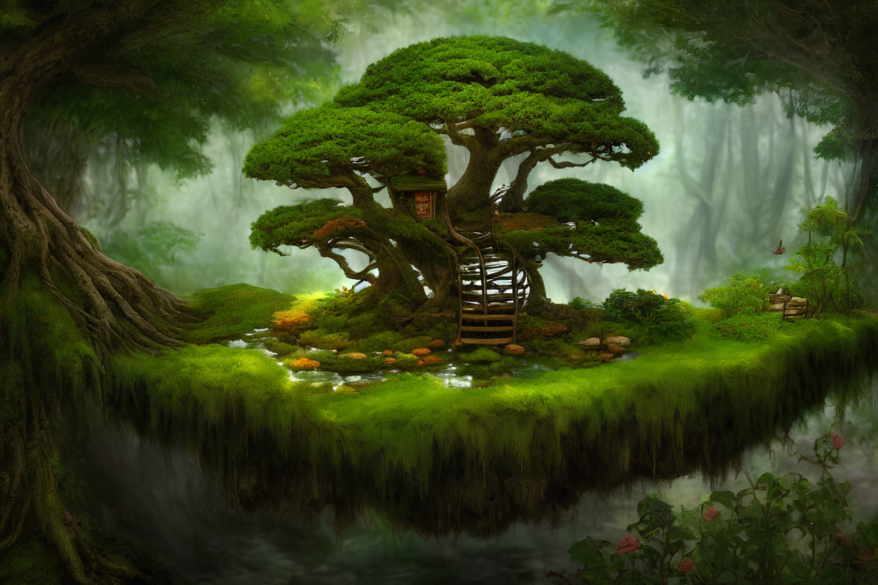 Mystical green island with ancient tree and treehouse in foggy forest