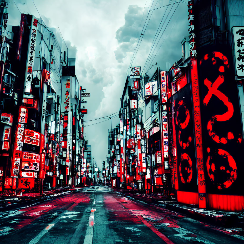 Deserted urban street with Japanese signs under cloudy sky