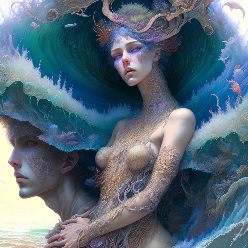 Fantasy Artwork: Two Figures with Oceanic Headpieces and Tattoos