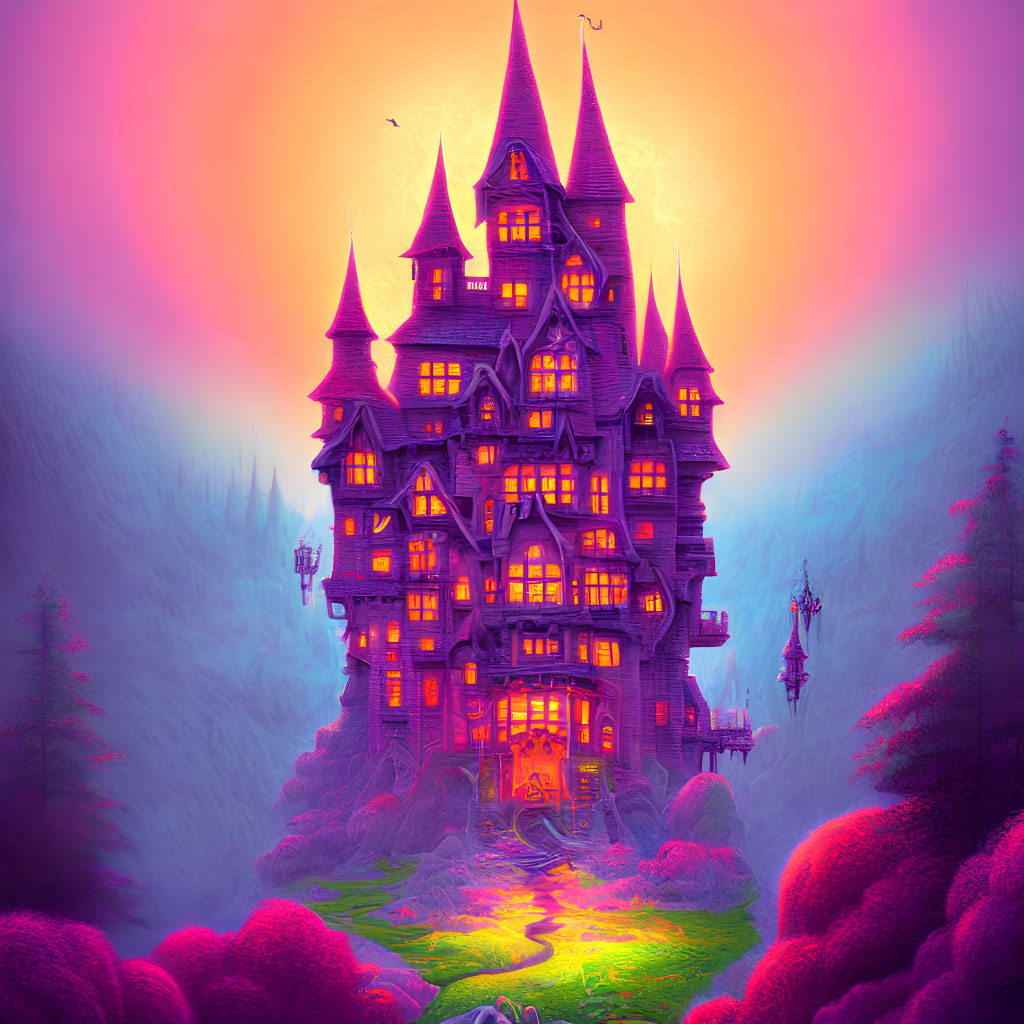 Magical castle illustration in pink and purple hues amid fantastical flora