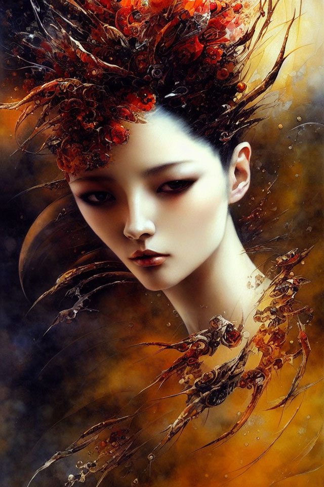 Fantasy portrait of woman with ornate headdress and autumn swirls
