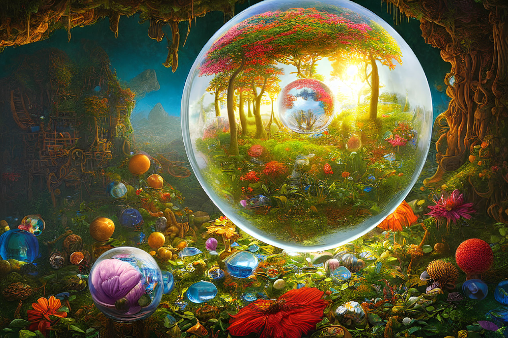 Surreal landscape with floating spheres and lush flora at twilight