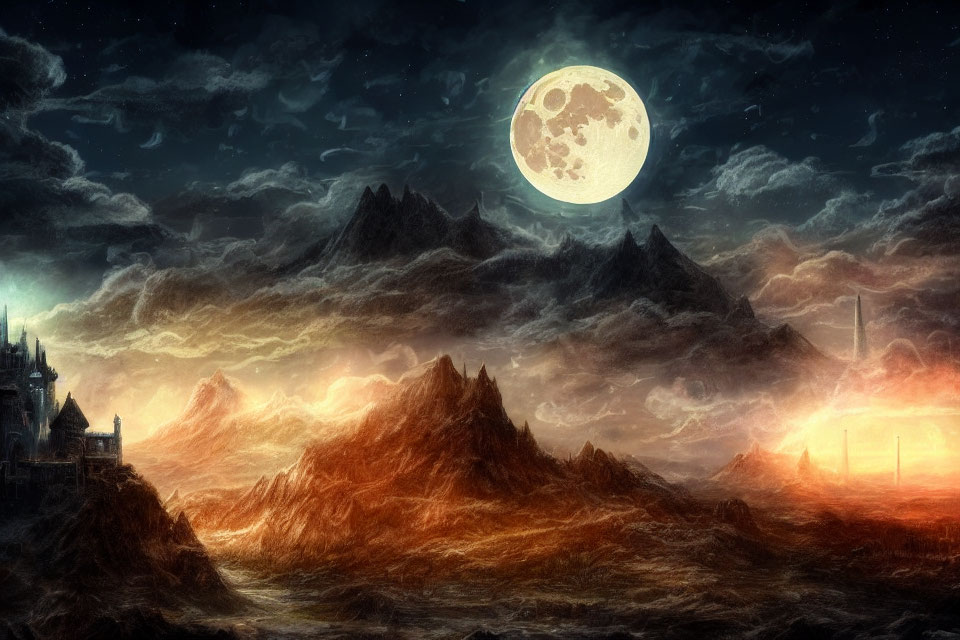 Nighttime fantasy landscape with full moon, fiery mountains, and castle silhouette.