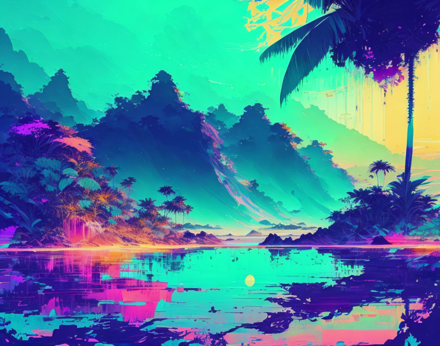 Neon-lit tropical sunset scene with palm trees, mountains, and vibrant colors