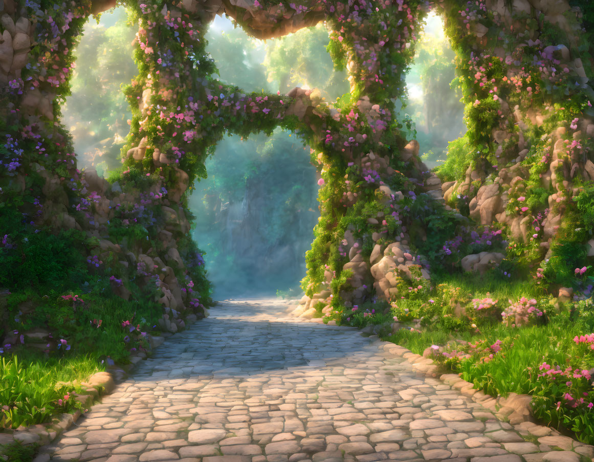 Tranquil cobblestone pathway under flowering arch in enchanted forest