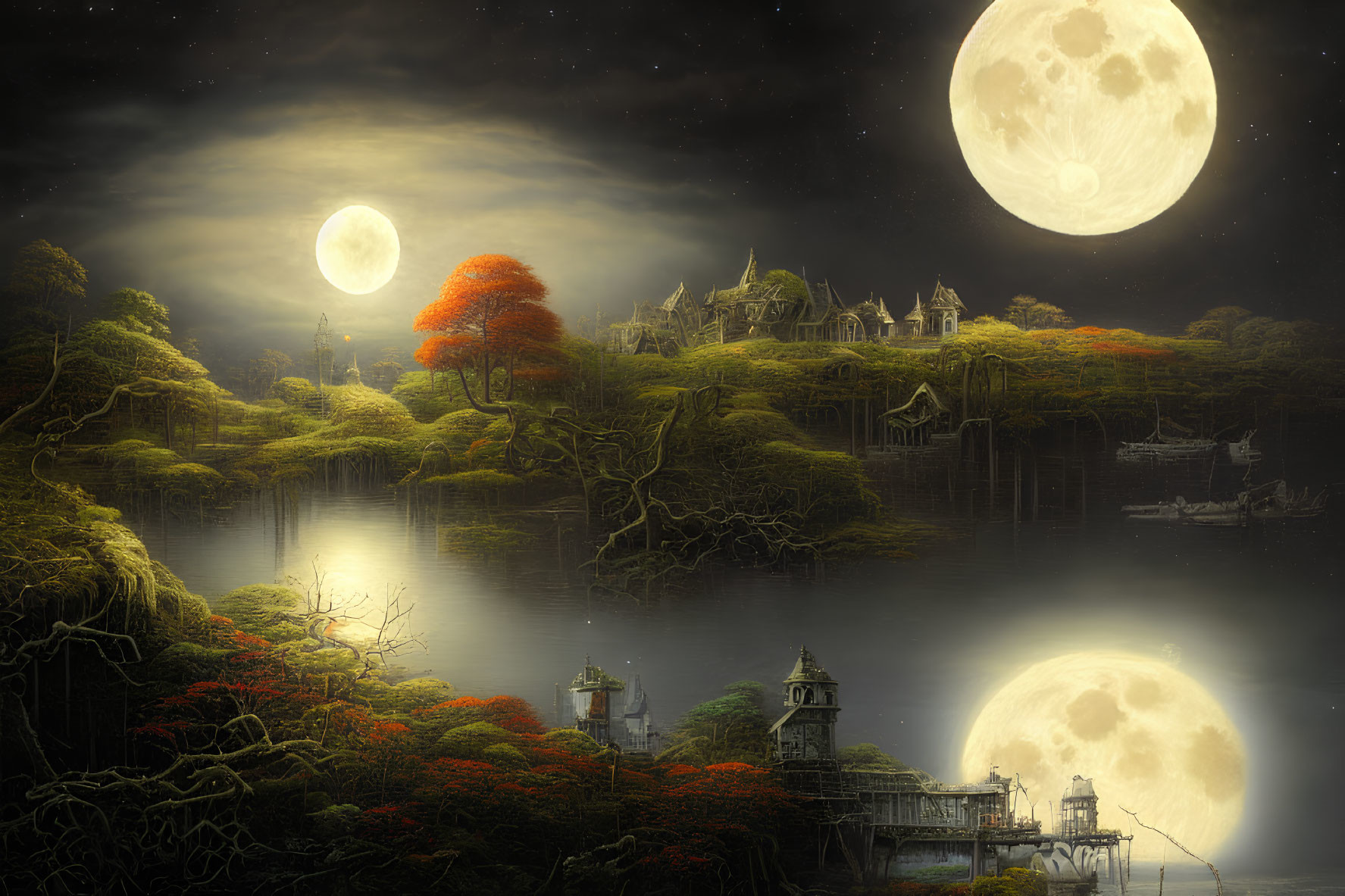 Tranquil night landscape with three moons, castle, lake reflections, and sailing boat