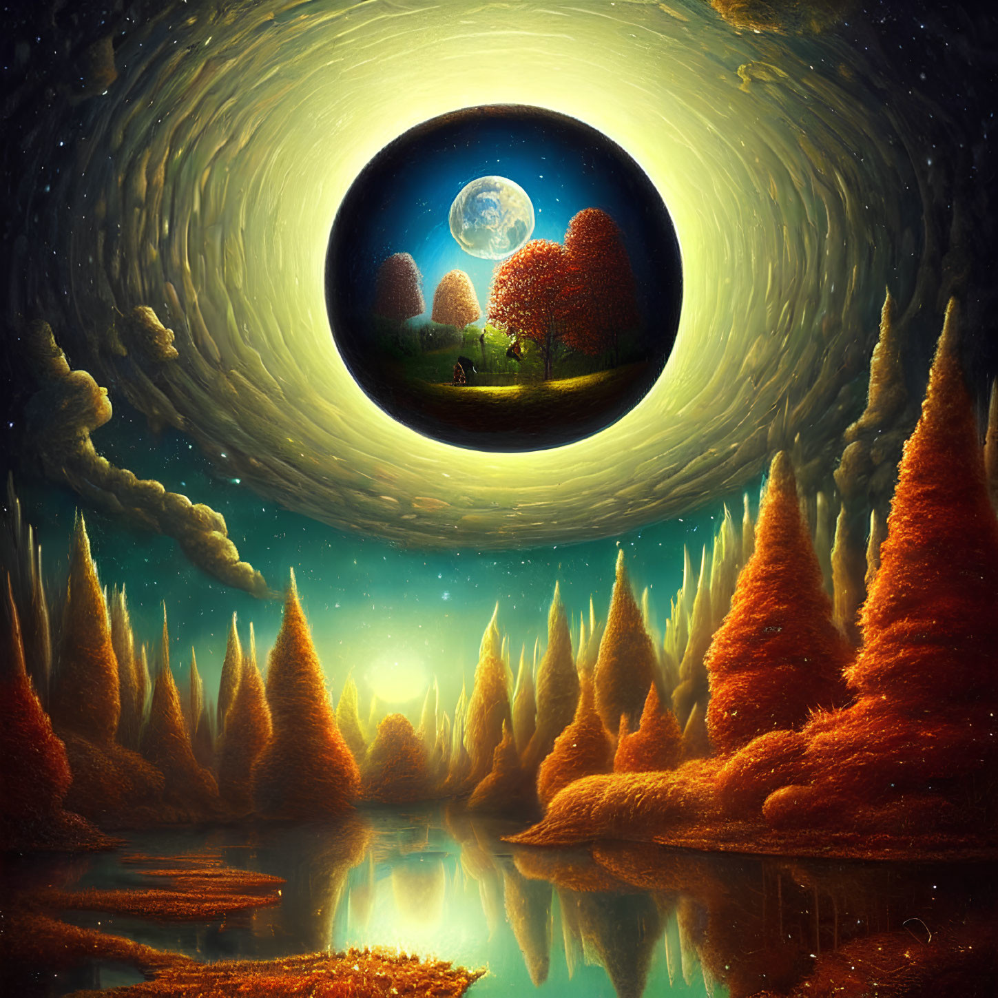 Surreal autumn landscape with moonlit sky reflecting in water