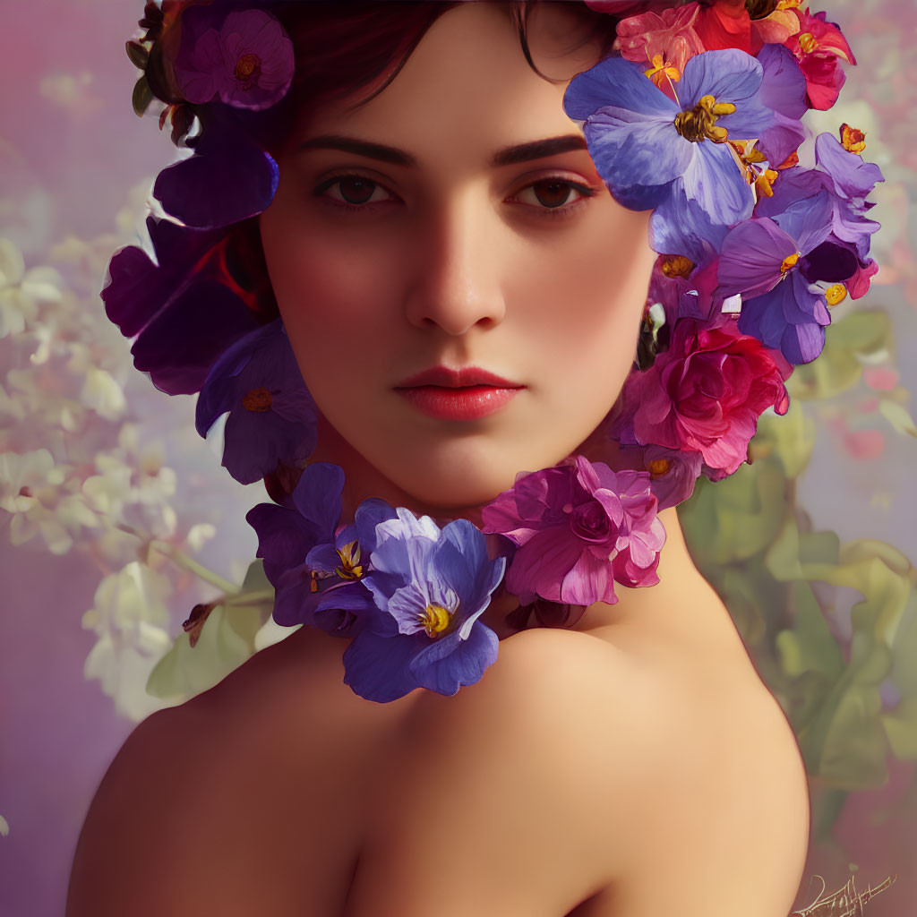 Woman portrait with floral crown and necklace in vibrant purple and pink flowers on pastel background