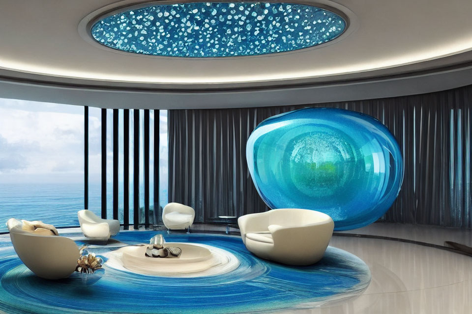 Contemporary Interior with Ocean Views and Unique Furniture Pieces