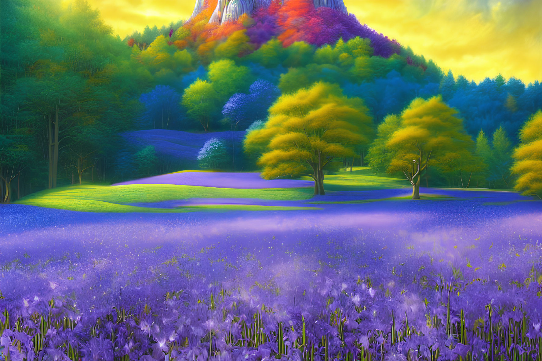 Colorful Landscape with Purple Flowers, Trees, and Mountain under Yellow Sky