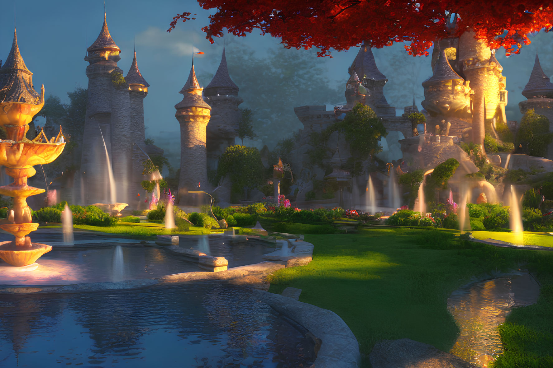 Fantasy castle at sunset with glowing lights, water fountains, lush gardens, tranquil waters, and