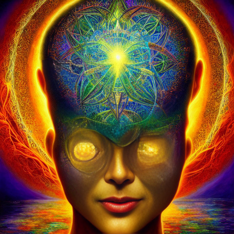 Colorful Digital Artwork Featuring Glowing Mandala Pattern on Face