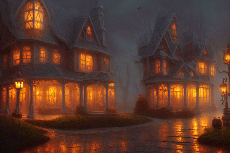 Victorian-style houses in misty evening with warm light and flying bat