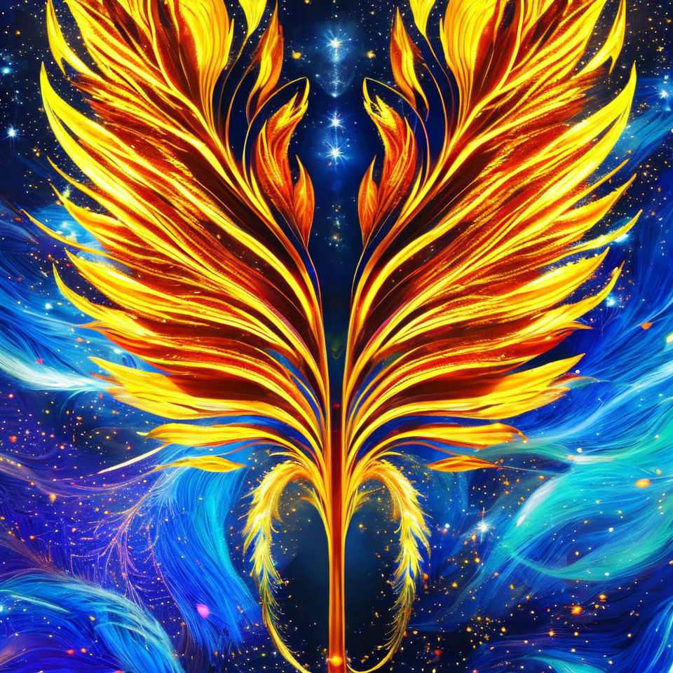 Vibrant digital artwork: Fiery golden wings on cosmic blue with stars