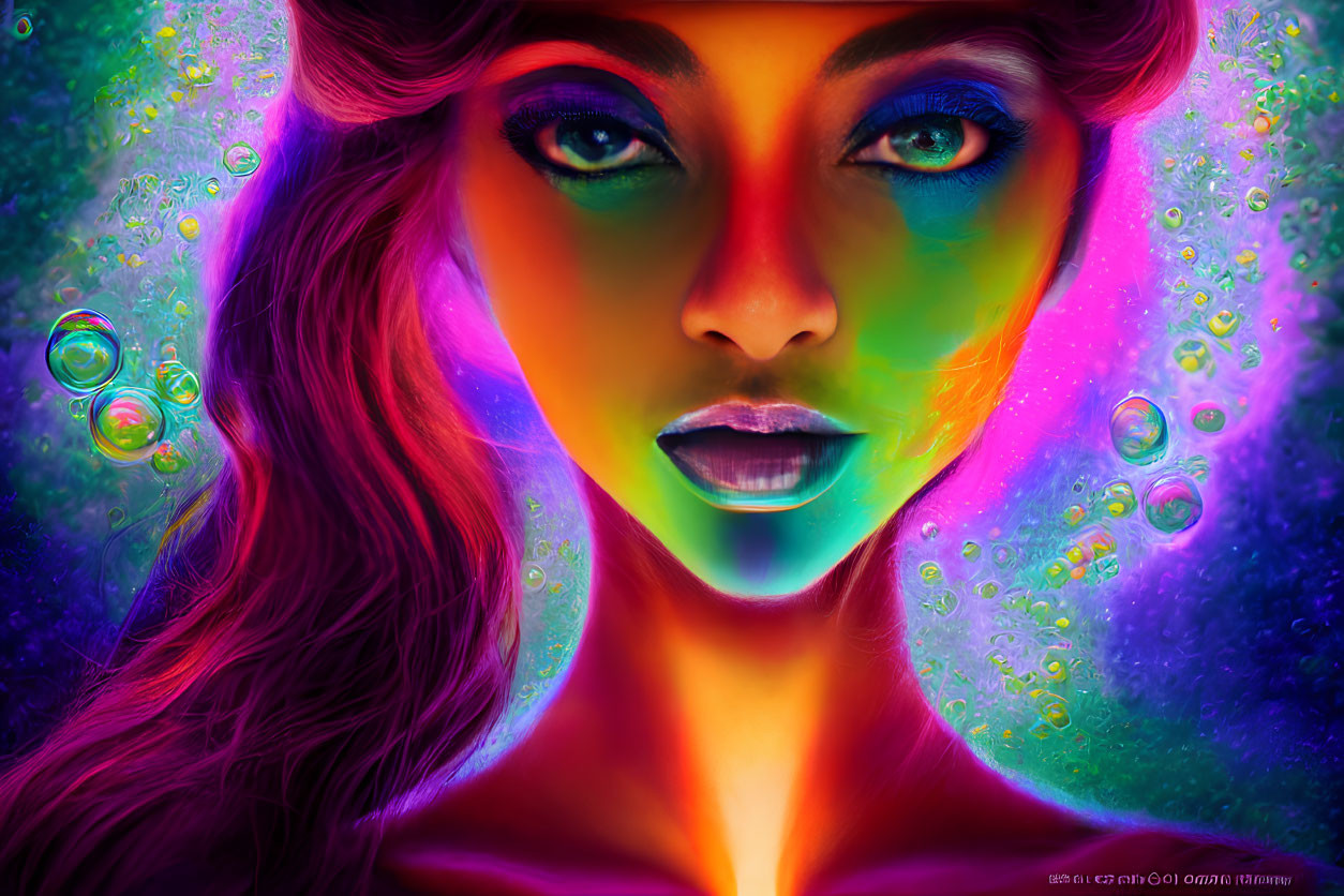 Colorful digital artwork of woman with neon glow and floating bubbles