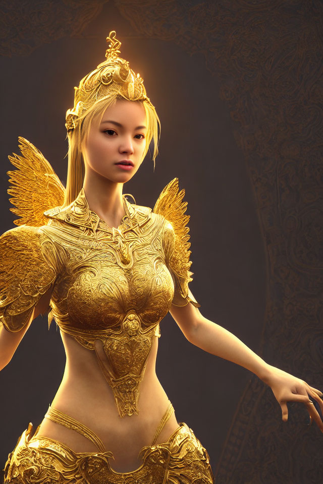 Digital artwork featuring woman in golden angelic armor and wings on dark ornate background