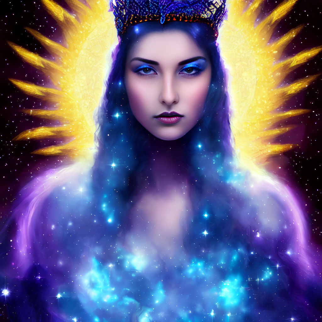 Mystical woman with crown in cosmic energy and stars