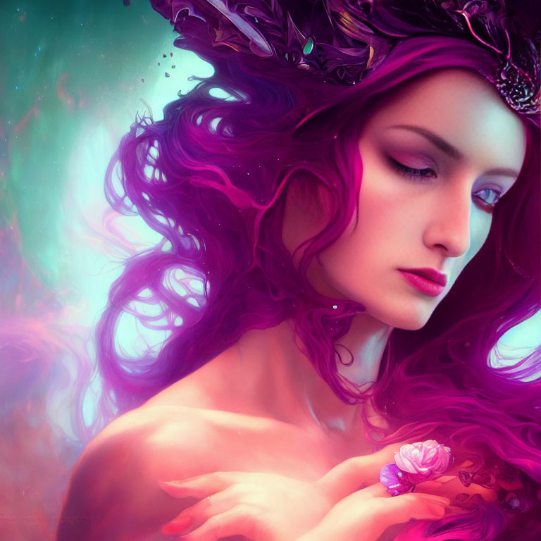 Portrait of Woman with Violet Hair and Crown Against Colorful Nebula