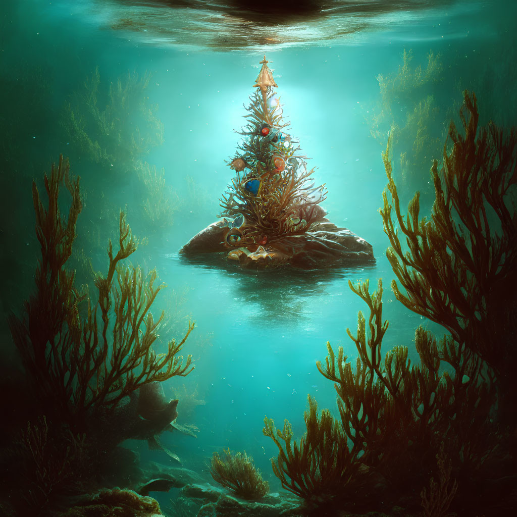 Christmas tree on rock surrounded by marine life in underwater scene