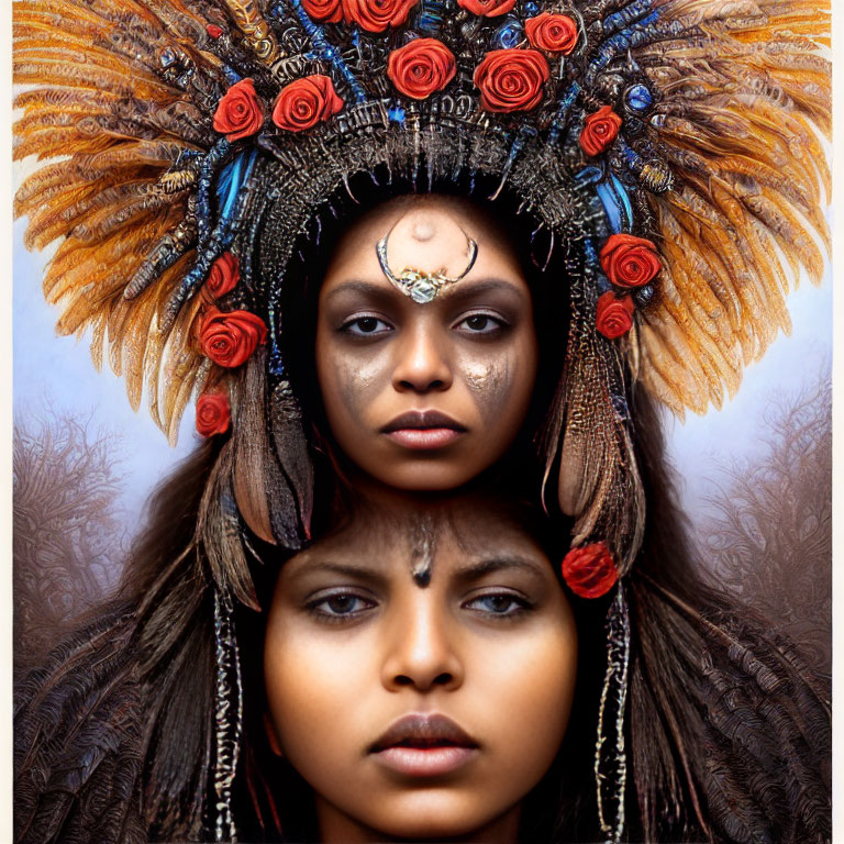 Detailed Feathered Headdress with Tribal Makeup and Forehead Jewel